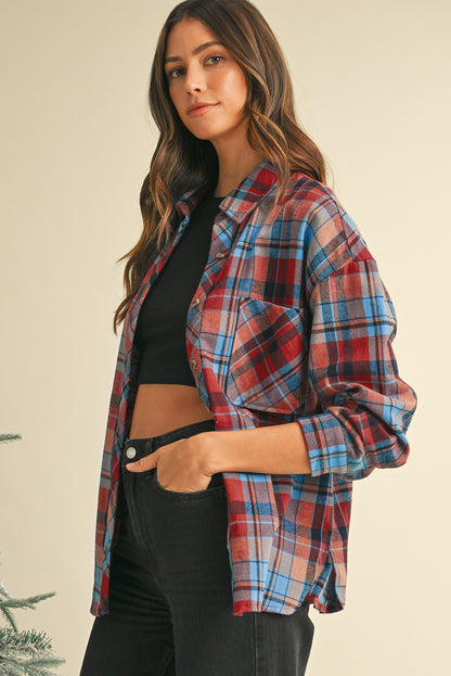 Orange Plaid Print Pocket Loose Shirt Shacket