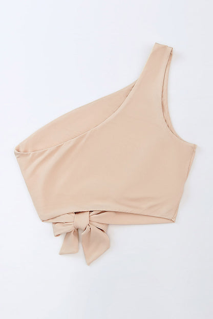 Plain Casual Sleeveless One Shoulder Tie Front Crop Top