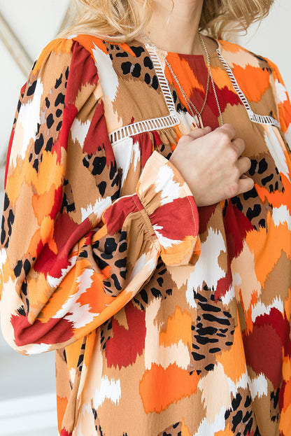 Multicolor Abstract Print Boho Ruffle Puff Sleeve Blouse
