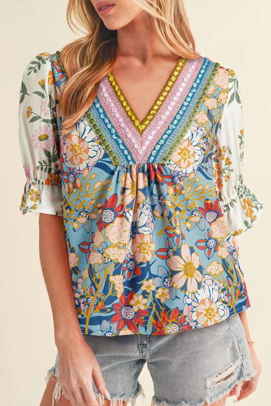 Multicolor V Neck Half Sleeve Boho Floral Blouse