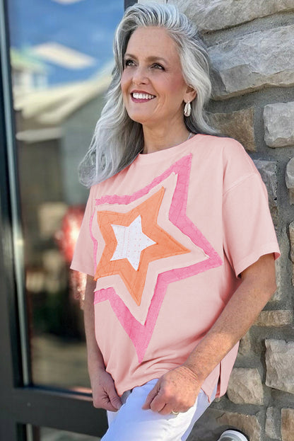 Light Pink Eyelet Colorblock Star Applique Plus Size T Shirt