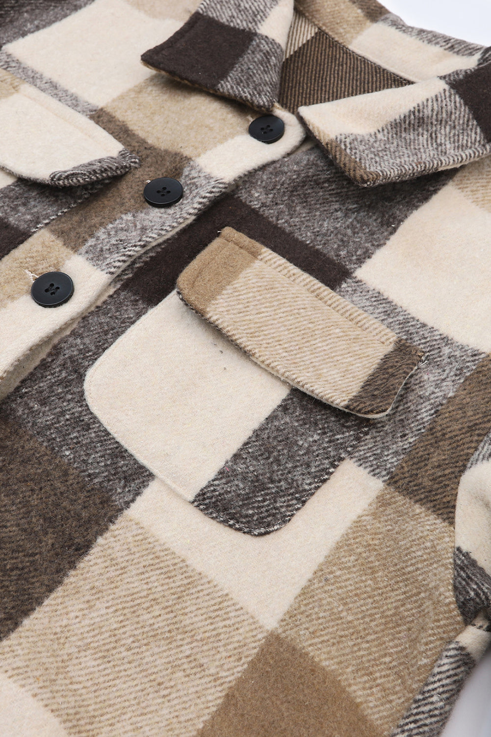 Khaki Plaid Colorblock Button Down Flap Pocket Long Shacket