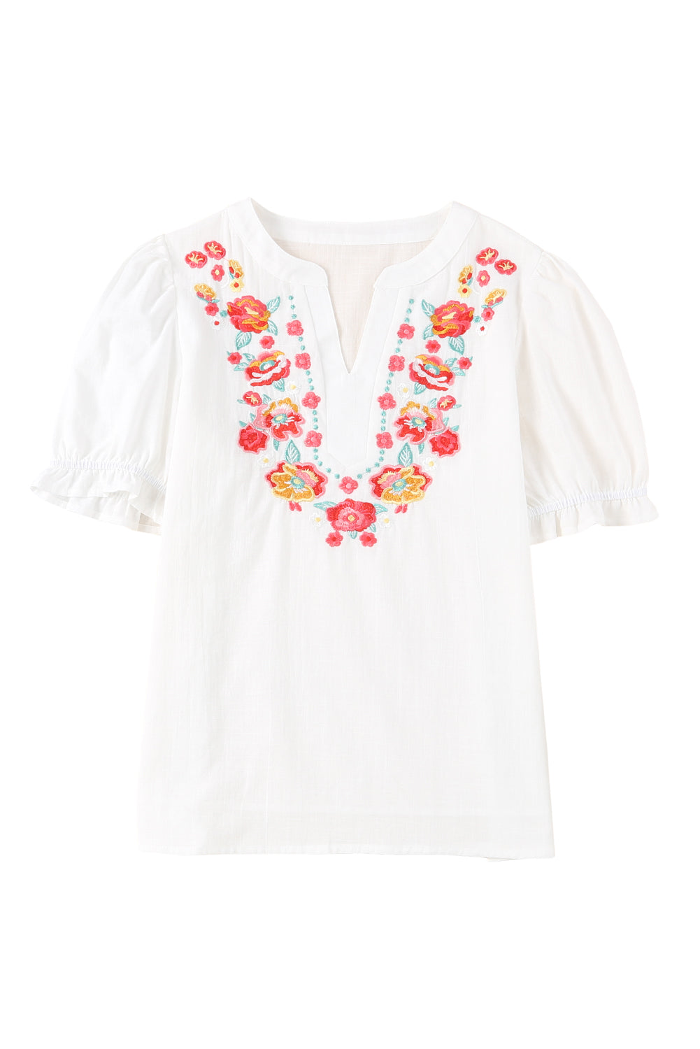 Floral Embroidered Boho Ruffle Puff Sleeve Blouse