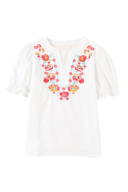 Floral Embroidered Boho Ruffle Puff Sleeve Blouse
