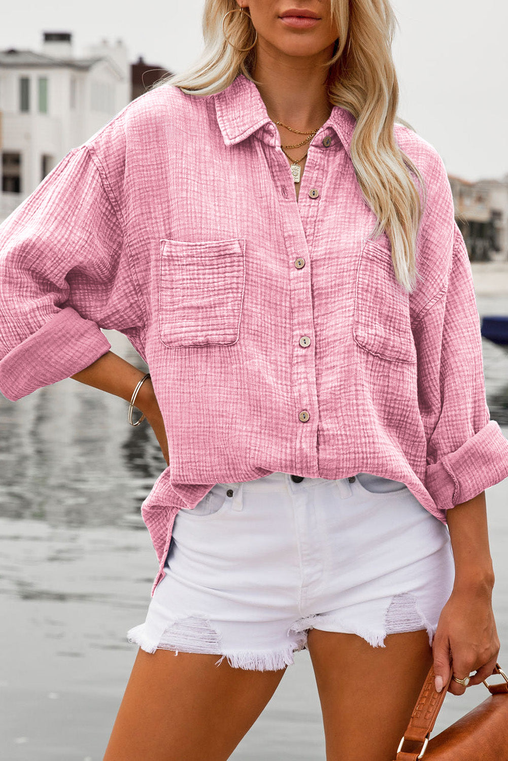 Sky Blue Mineral Wash Crinkle Textured Chest Pockets Shirt