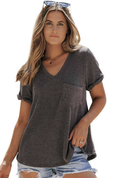 Corded Pocket V Neck T Shirt