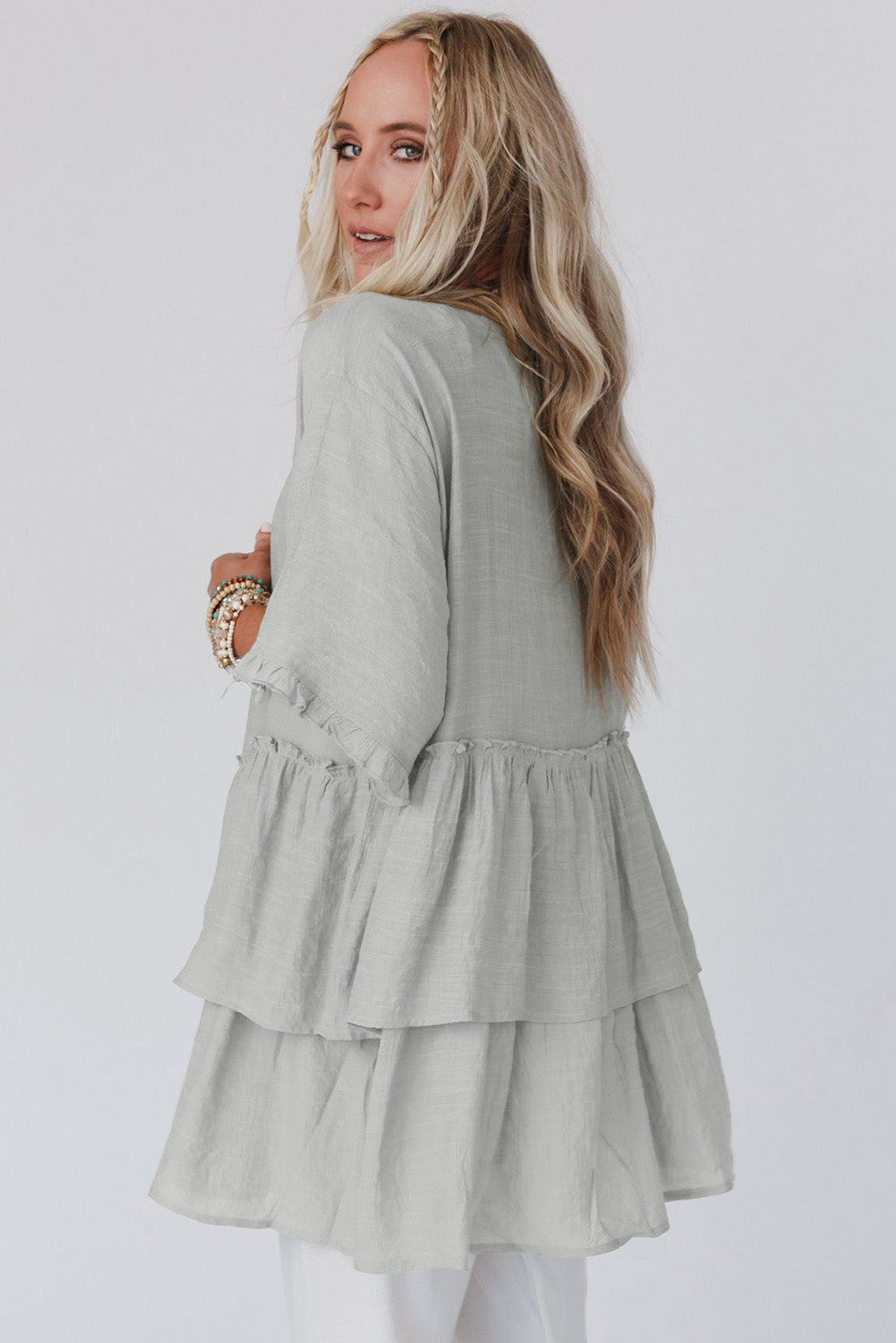 Green Ruffled Trim Short Sleeve Open Front Kimono