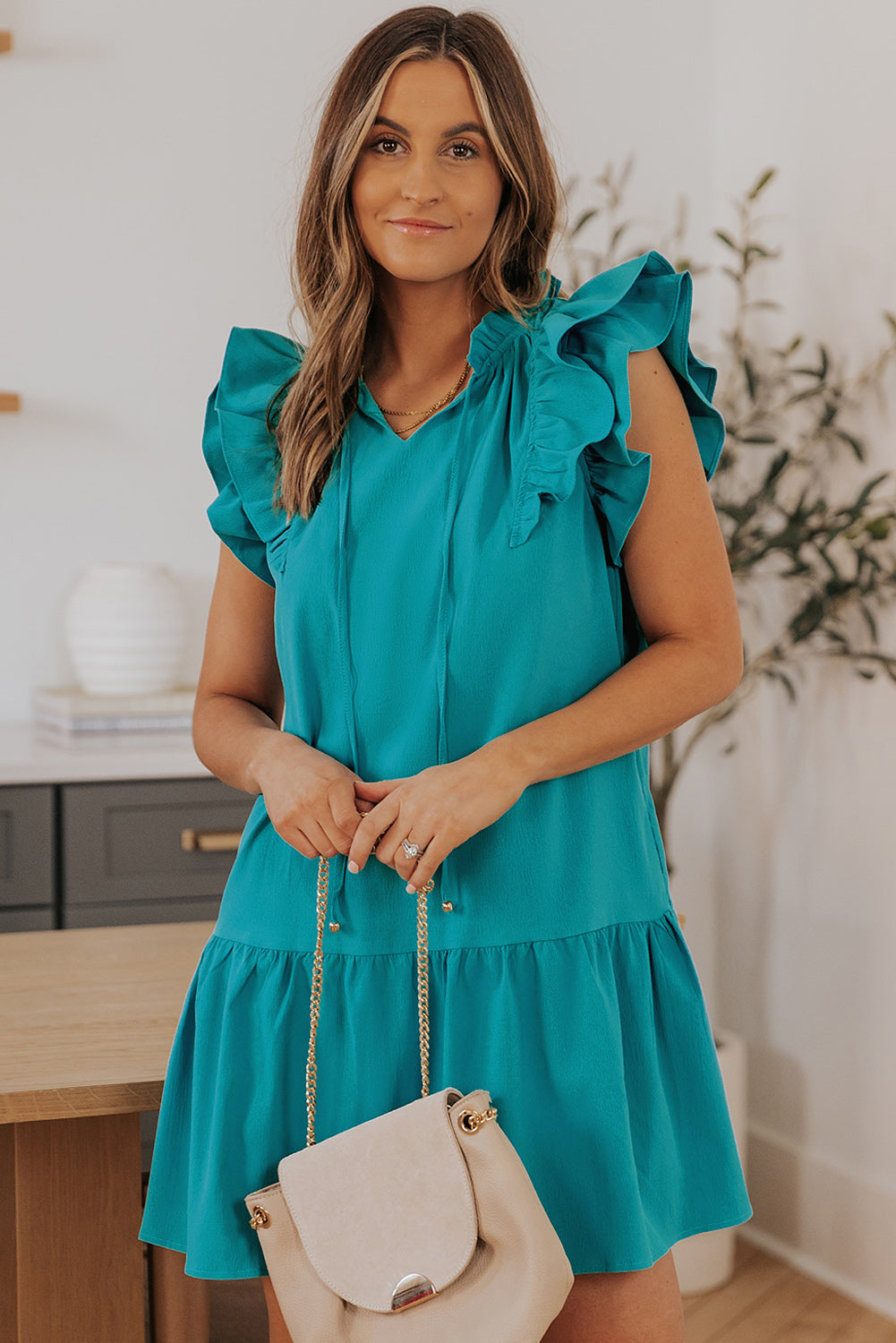 Tiered Ruffled Drawstring V Neck Short Dress With Pockets