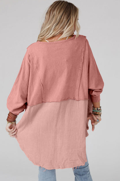 Rose Pink Crinkled Patchwork Raw Hem Oversized Tops
