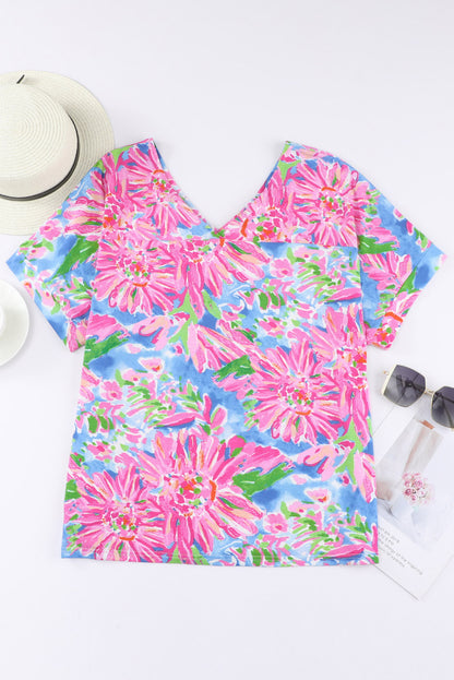 Abstract Floral Print Split V Neck Short Sleeve Blouse