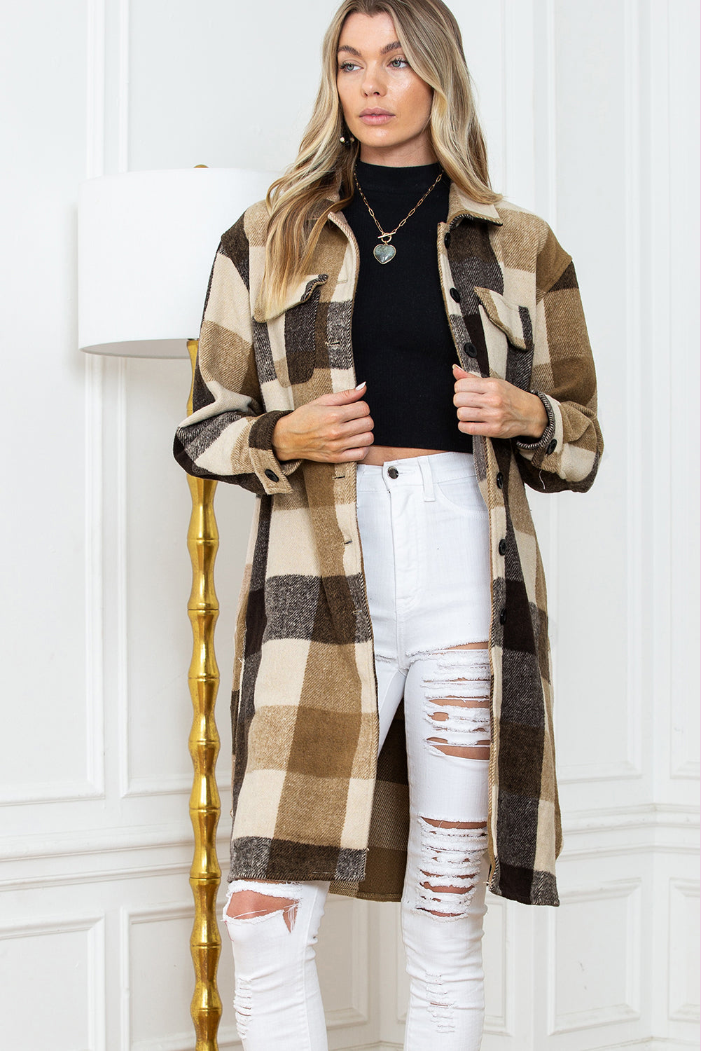 Khaki Plaid Colorblock Button Down Flap Pocket Long Shacket