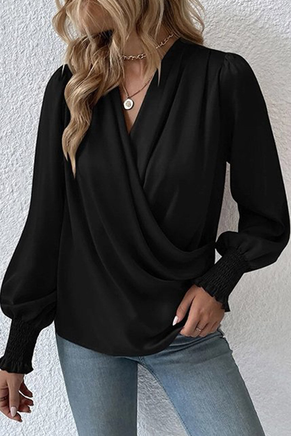 Drape V Neck Long Sleeve Blouse for Women