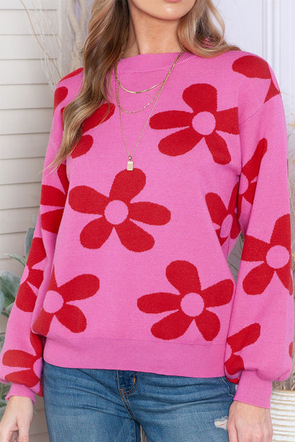 Floral Print Knitted Long Sleeve Pullover Sweater