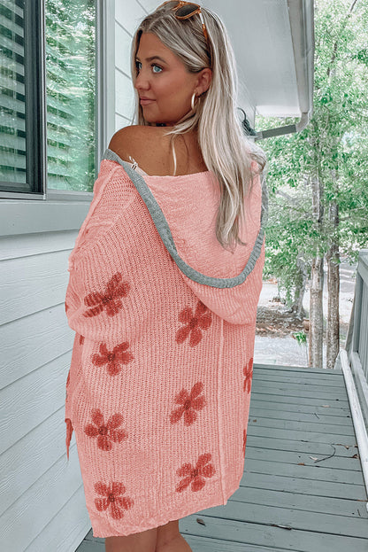 Apricot Floral Print Loose Knit Hooded Sweater