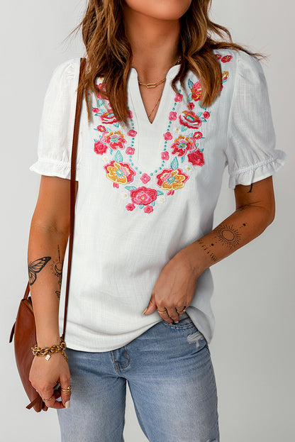 Floral Embroidered Boho Ruffle Puff Sleeve Blouse