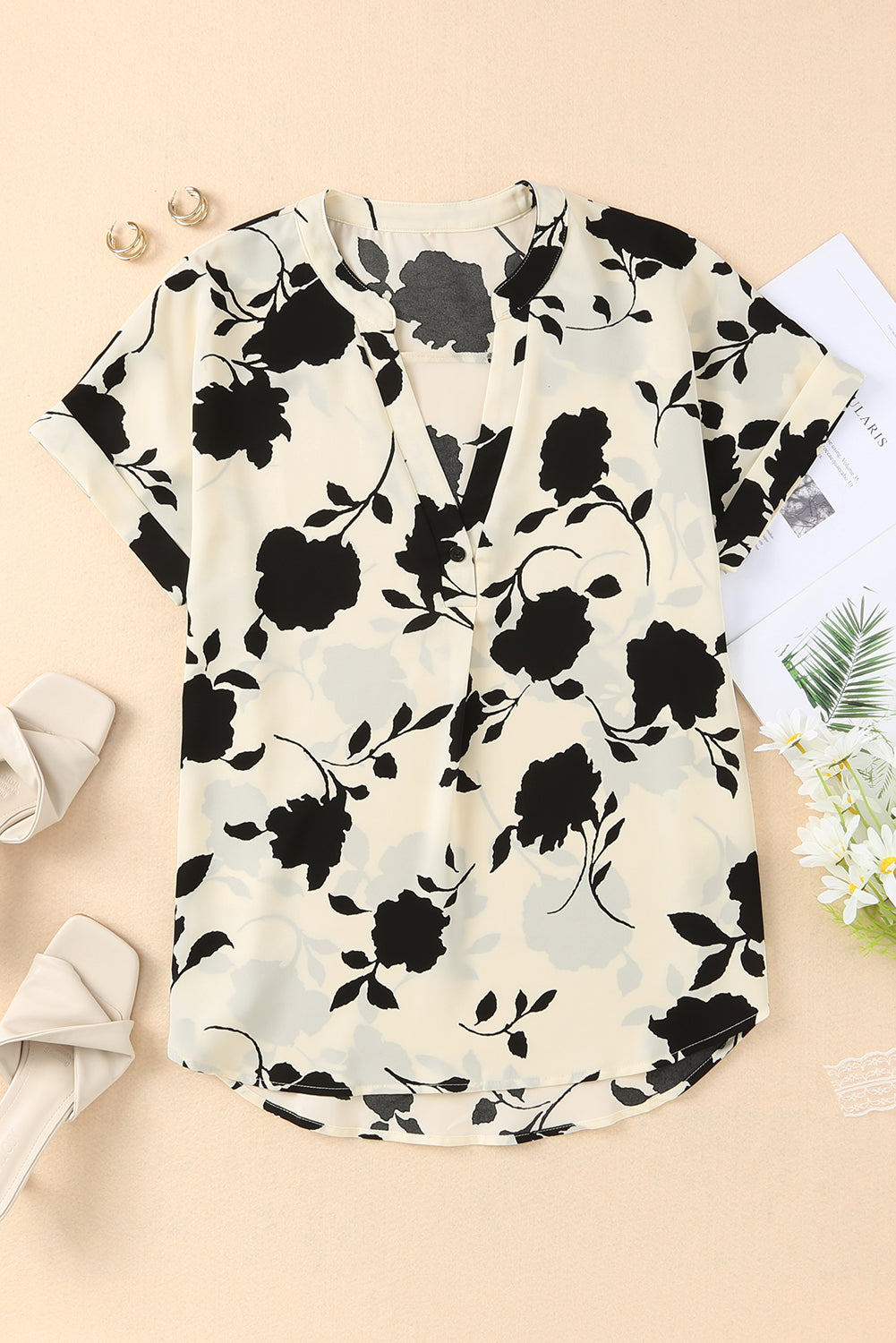 Floral Print Casual Roll Up Sleeve Blouse