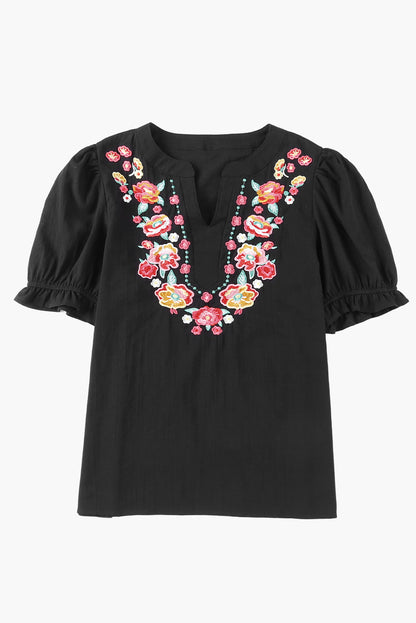 Floral Embroidered Boho Ruffle Puff Sleeve Blouse