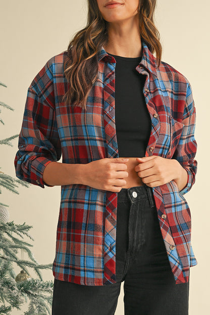 Orange Plaid Print Pocket Loose Shirt Shacket