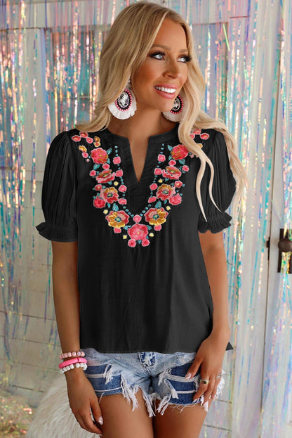 Floral Embroidered Boho Ruffle Puff Sleeve Blouse