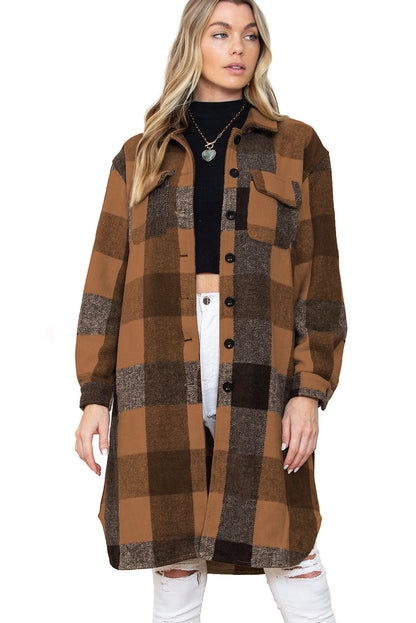 Khaki Plaid Colorblock Button Down Flap Pocket Long Shacket