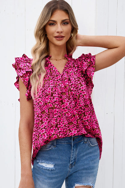 Floral Print Tiered Ruffle Sleeve V Neck Boho Top