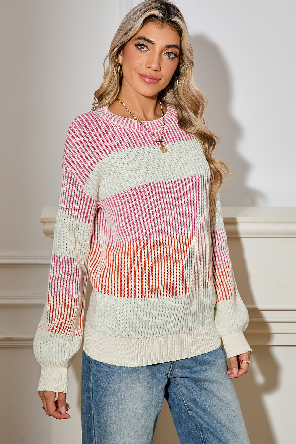multi Colorblock Lantern Sleeve Rib Knitted Sweater