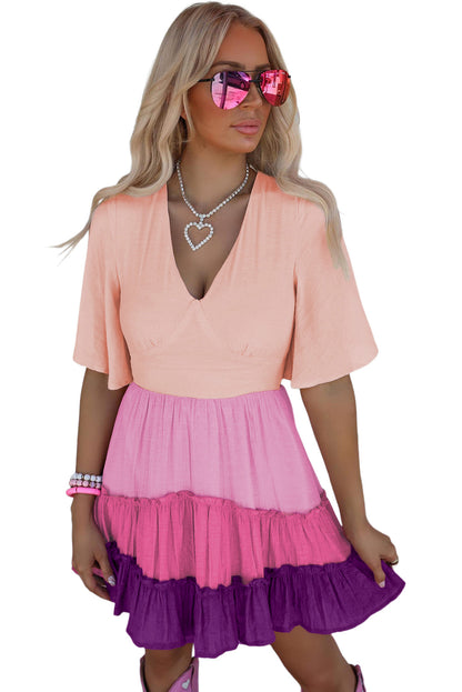 Multicolor Frill Tiered Colorblock Casual A-line Dress