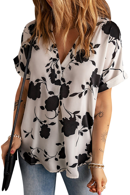 Floral Print Casual Roll Up Sleeve Blouse