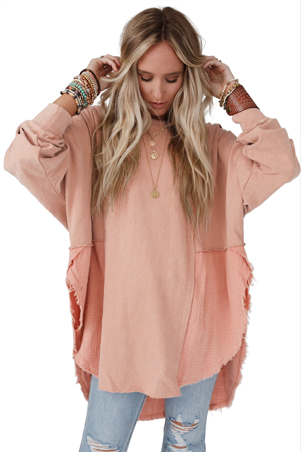 Rose Pink Crinkled Patchwork Raw Hem Oversized Tops