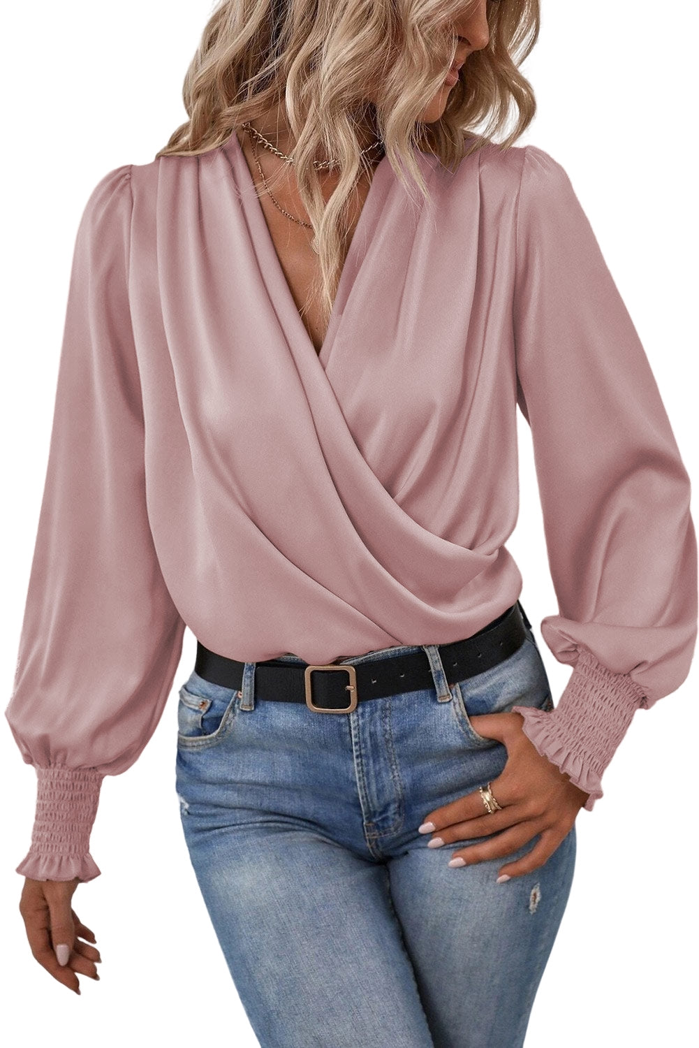 Drape V Neck Long Sleeve Blouse for Women