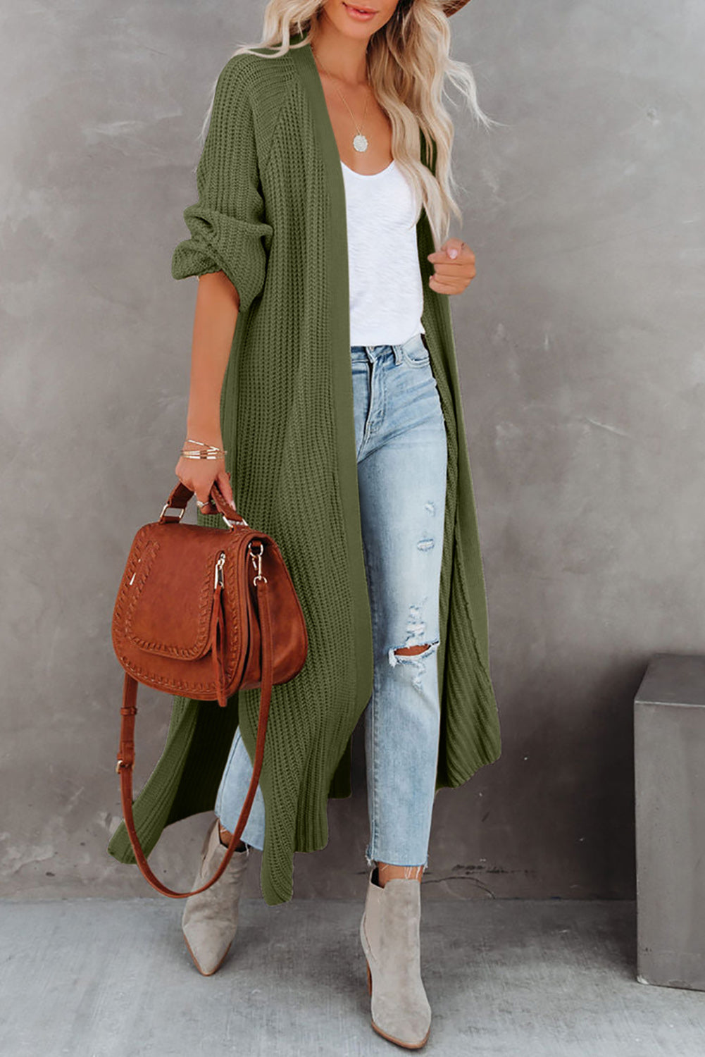 Beige Cable Knit Side Slits Open Front Duster Cardigan