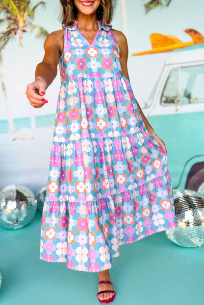 60s Flower Split Neck Sleeveless Tiered Maxi Dress