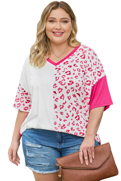 Leopard Patchwork Short Sleeve Plus Size Top