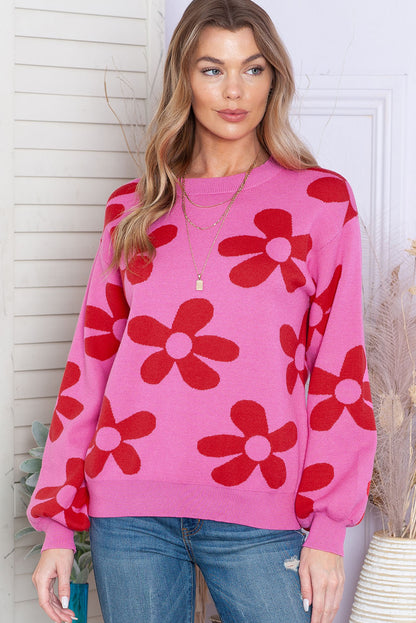 Floral Print Knitted Long Sleeve Pullover Sweater