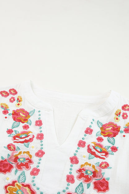 Floral Embroidered Boho Ruffle Puff Sleeve Blouse