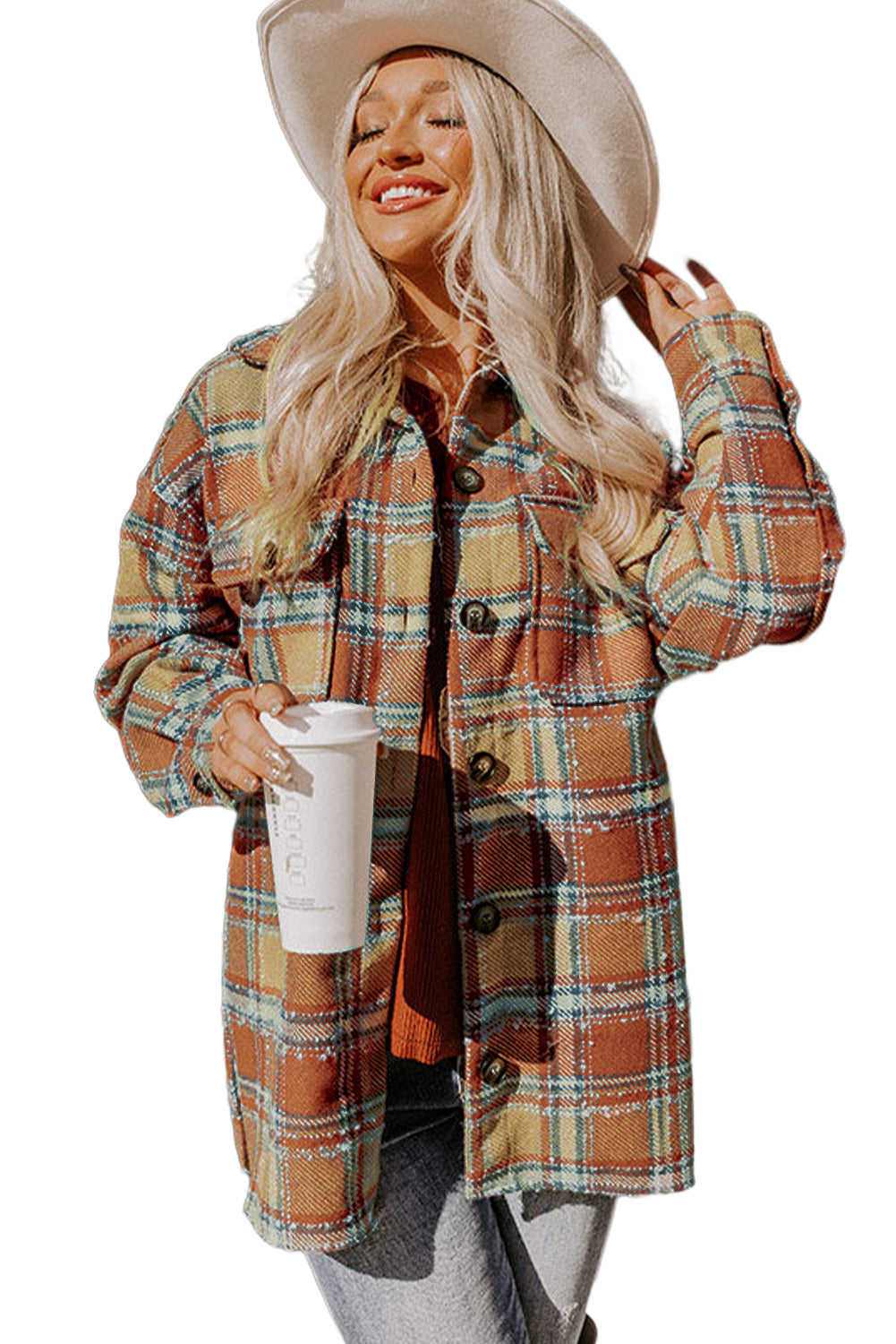 Dark Blue Oversized Flap Pockets Plaid Shacket with Slits