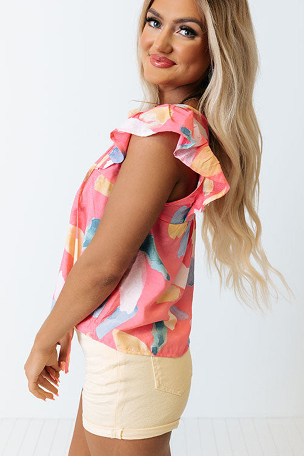 Light Blue Abstract Colorblock Ruffle Sleeveless Blouse