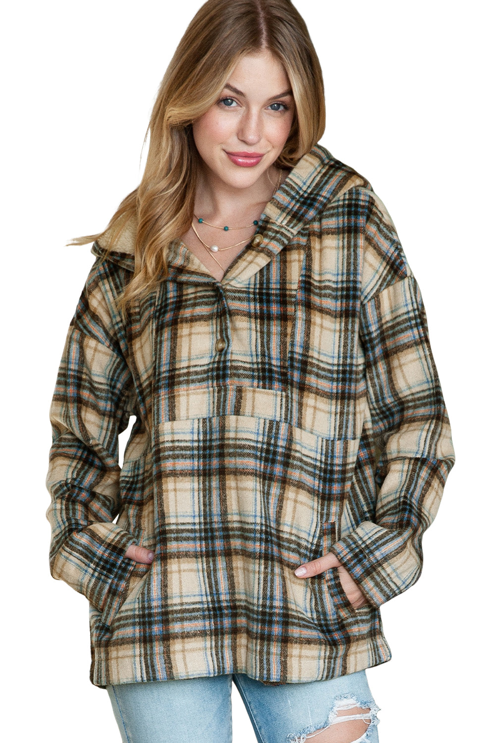 Plaid Button Neck Pocketed Pullover Hoodie