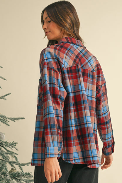 Orange Plaid Print Pocket Loose Shirt Shacket