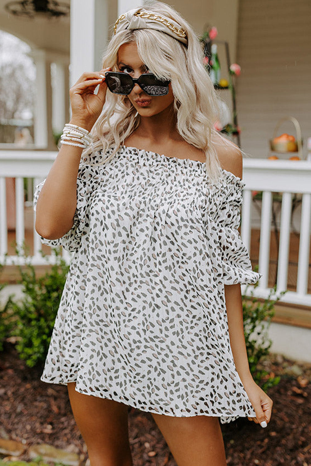 Khaki Leopard 3/4 Ruffle Sleeve Frill Neck Blouse