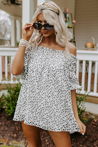 Khaki Leopard 3/4 Ruffle Sleeve Frill Neck Blouse