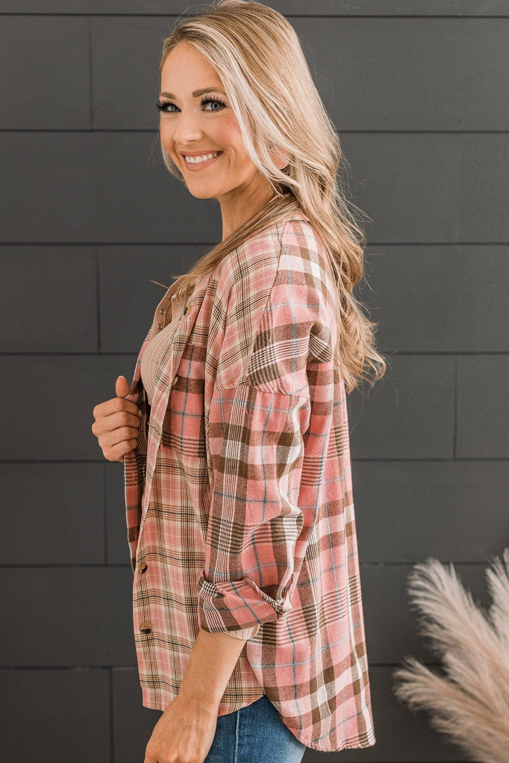 Orange Drop Shoulder Rounded Hem Plaid Pattern Shirt