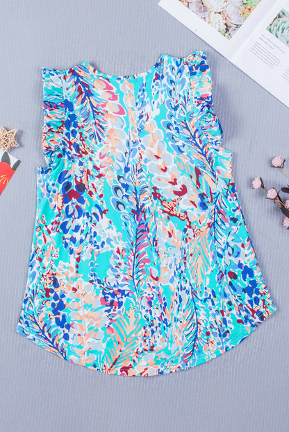 Light Blue Abstract Print Color Block Babydoll Boho Sleeveless Shirt with Ruffle