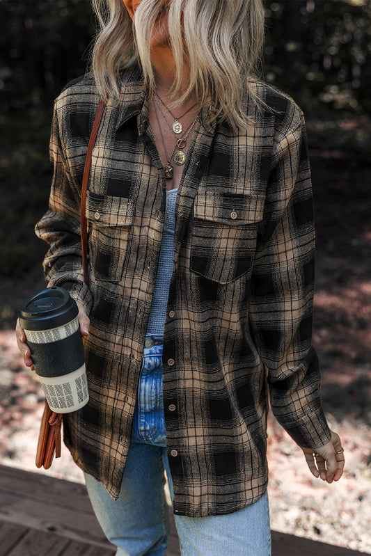 Plaid Double Flap Pocket Brushed Flannel Long Sleeve