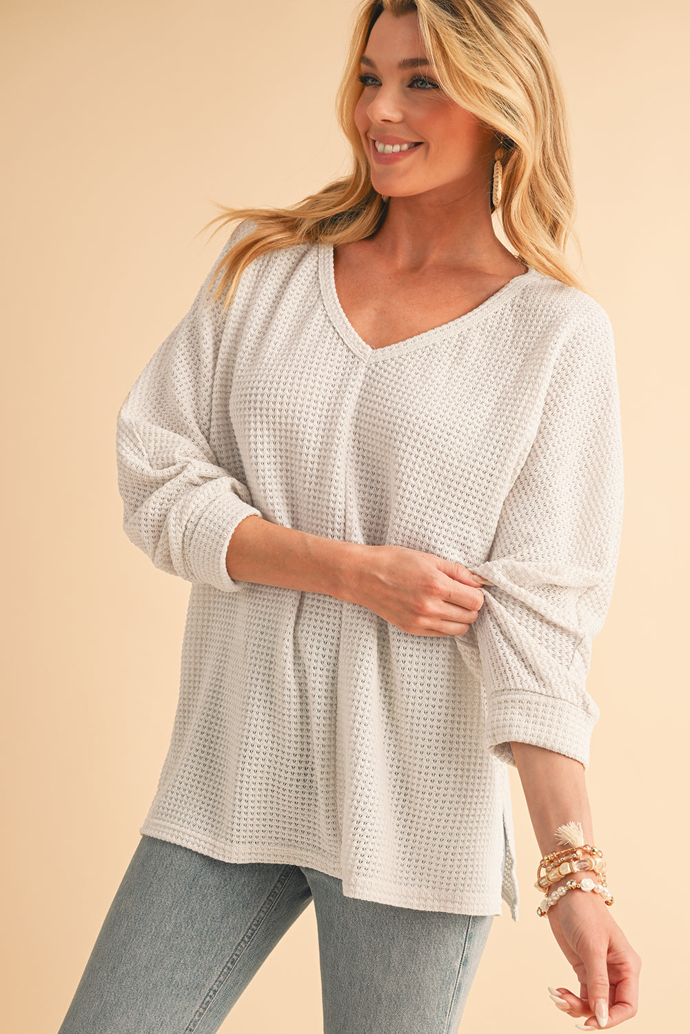 Waffle Knit Side Slits Loose Fit V Neck Top