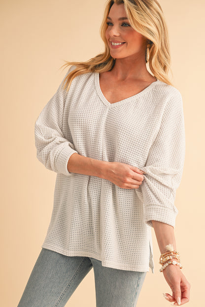Waffle Knit Side Slits Loose Fit V Neck Top