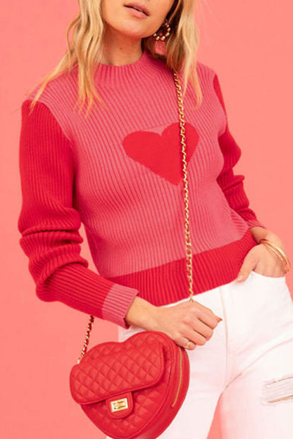 Valentine Colorblock Heart Print Ribbed Sweater