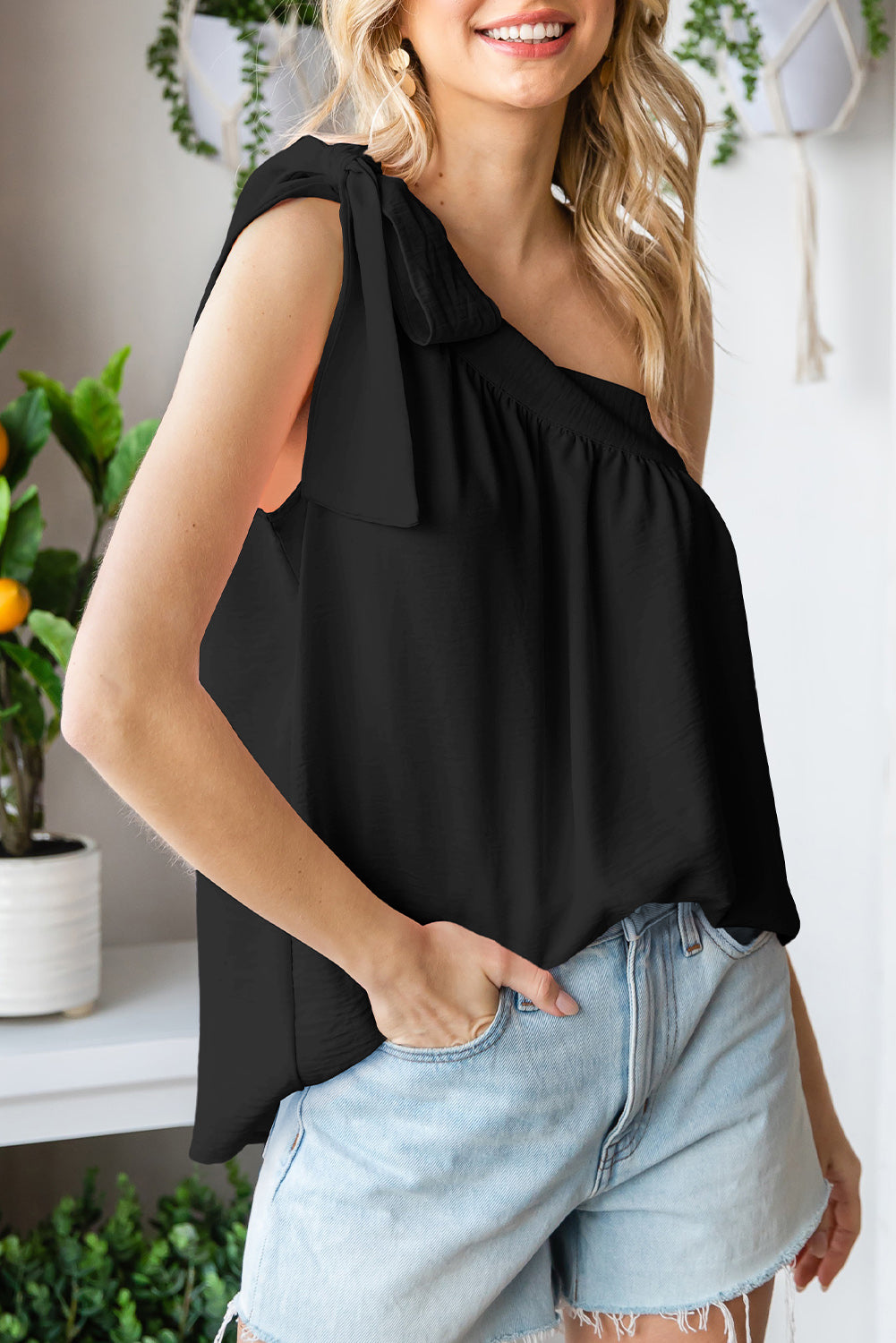 Casual Sleeveless One Shoulder Silk Top