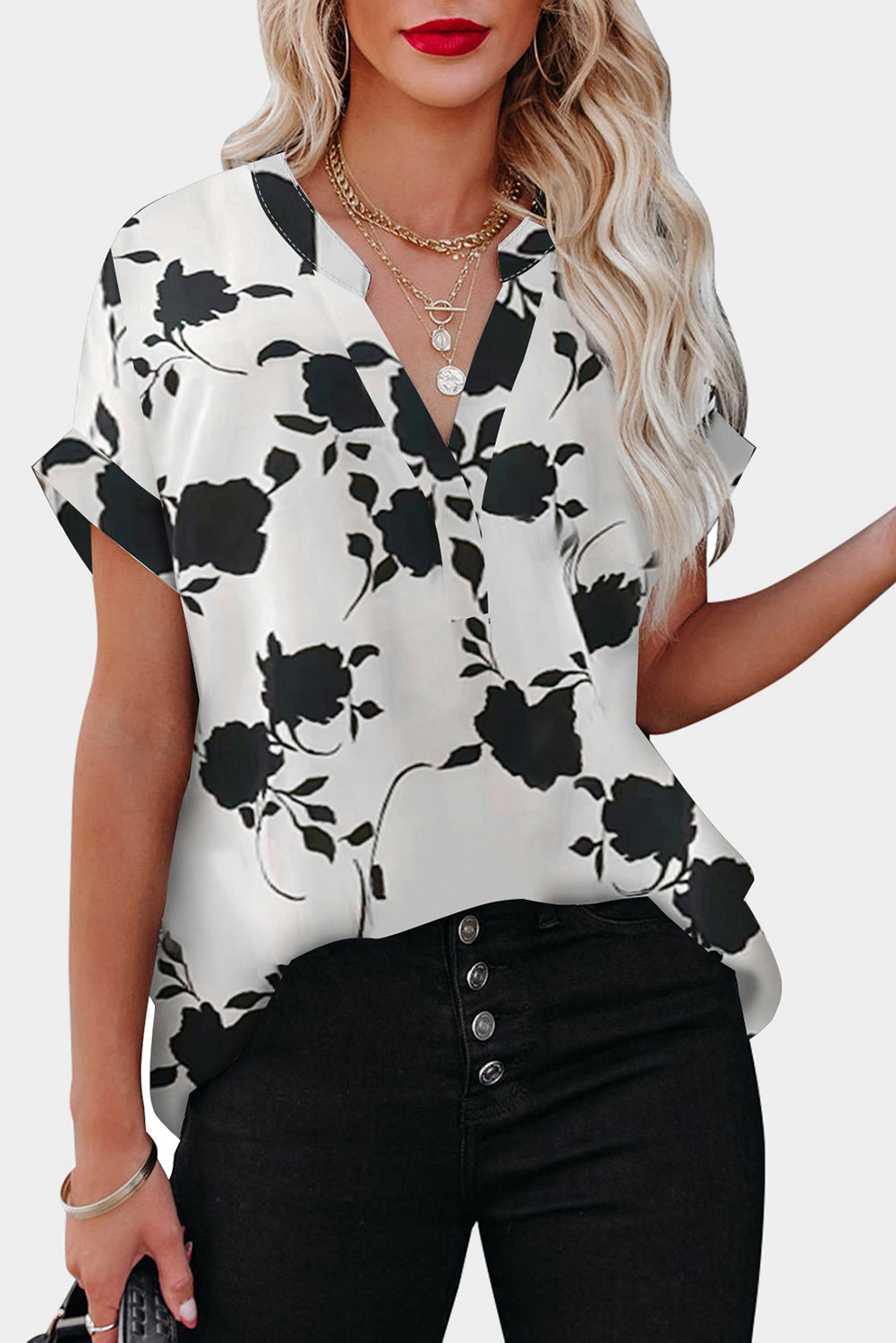 Floral Print Casual Roll Up Sleeve Blouse