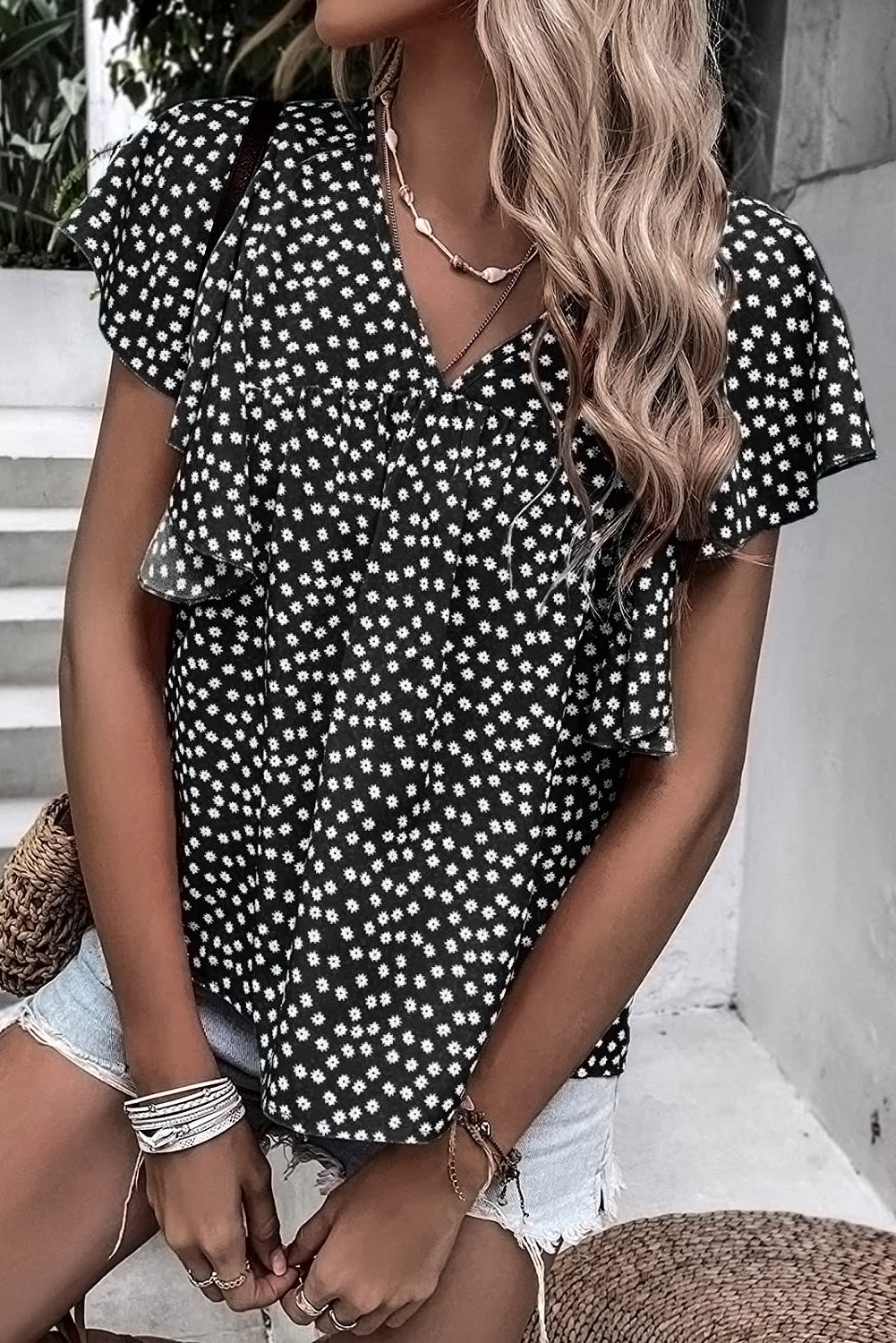 Blue Floral Print V Neck Ruffle Sleeve Blouse